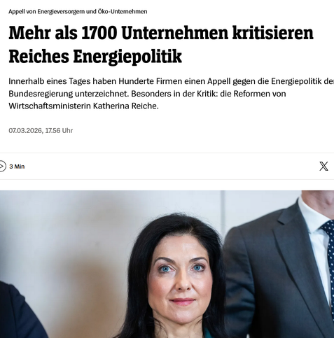 Appell von Energieversorgern und Öko-Unternehmen Mehr als 1700 Unternehmen kritisieren Reiches Energiepolitik
Innerhalb eines Tages haben Hunderte Firmen einen Appell gegen die Energiepolitik der Bundesregierung unterzeichnet. Besonders in der Kritik: die Reformen von Wirtschaftsministerin Katherina Reiche.
07.03.2026, 17.56 Uhr