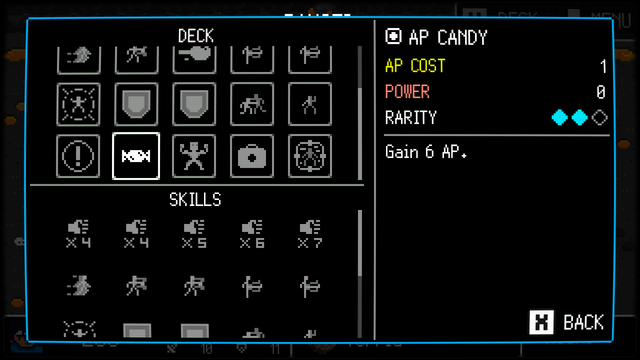 Screenshot from Star Spark showing the skill panel. The player's deck and other collected skills so far appear on the left side of the panel, while information about the skills appear on the right hand side showing:
- skill name
- skill ap cost
- skill power
- skill rarity
Rarity is represented by 3 hollow diamonds. 1/3 diamonds indicates common, 2/3 indicates uncommon, 3/3 indicates rare.