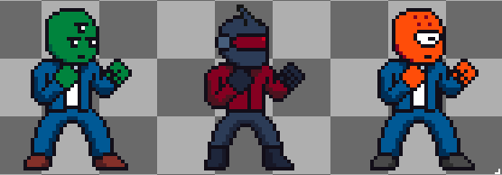 Pixel art of a green triclops humanoid wearing a blue outfit, a sentai-like fighter, and an orange cyclops humanoid wearing a blue outfit.
