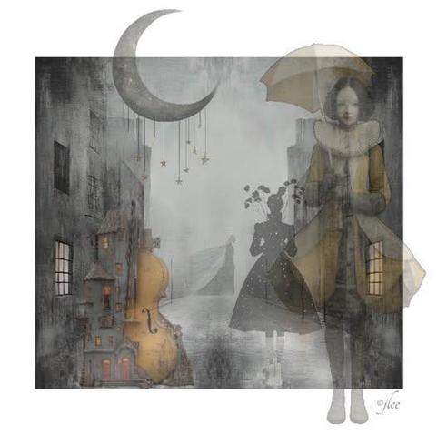 Woman in front with buildings and instrument