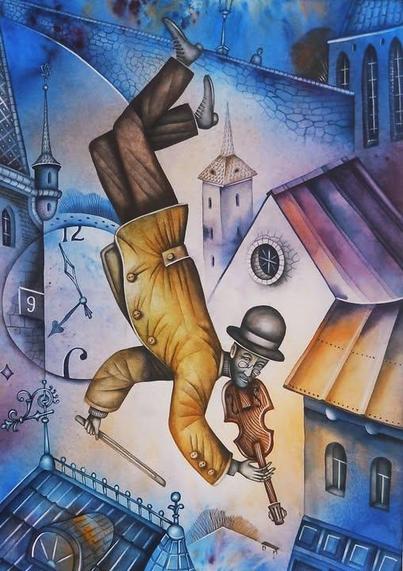 Flying musician in a surreal village