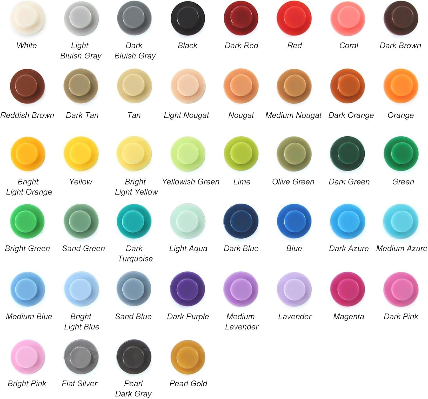 A table of all the various colors that you can order in Lego studs.

White
Light
Bluish Gray
Reddish Brown
Dark Tan
Bright
Light Orange
Yellow
Bright Green
Sand Green
Medium Blue
Bright
Light Blue
Bright Pink
Flat Silver
Dark
Bluish Gray
Tan
Bright
Light Yellow
Dark
Turquoise
Sand Blue
Pearl
Dark Gray
Black
Dark Red
Red
Coral
Dark Brown
Light Nougat
Nougat Medium Nougat Dark Orange
Orange
Yellowish Green Lime
Olive Green
Dark Green
Green
Light Aqua
Dark Blue
Blue
Dark Azure Medium Azure
Dark Purple
Medium
Lavender
Lavender
Magenta
Dark Pink
Pearl Gold