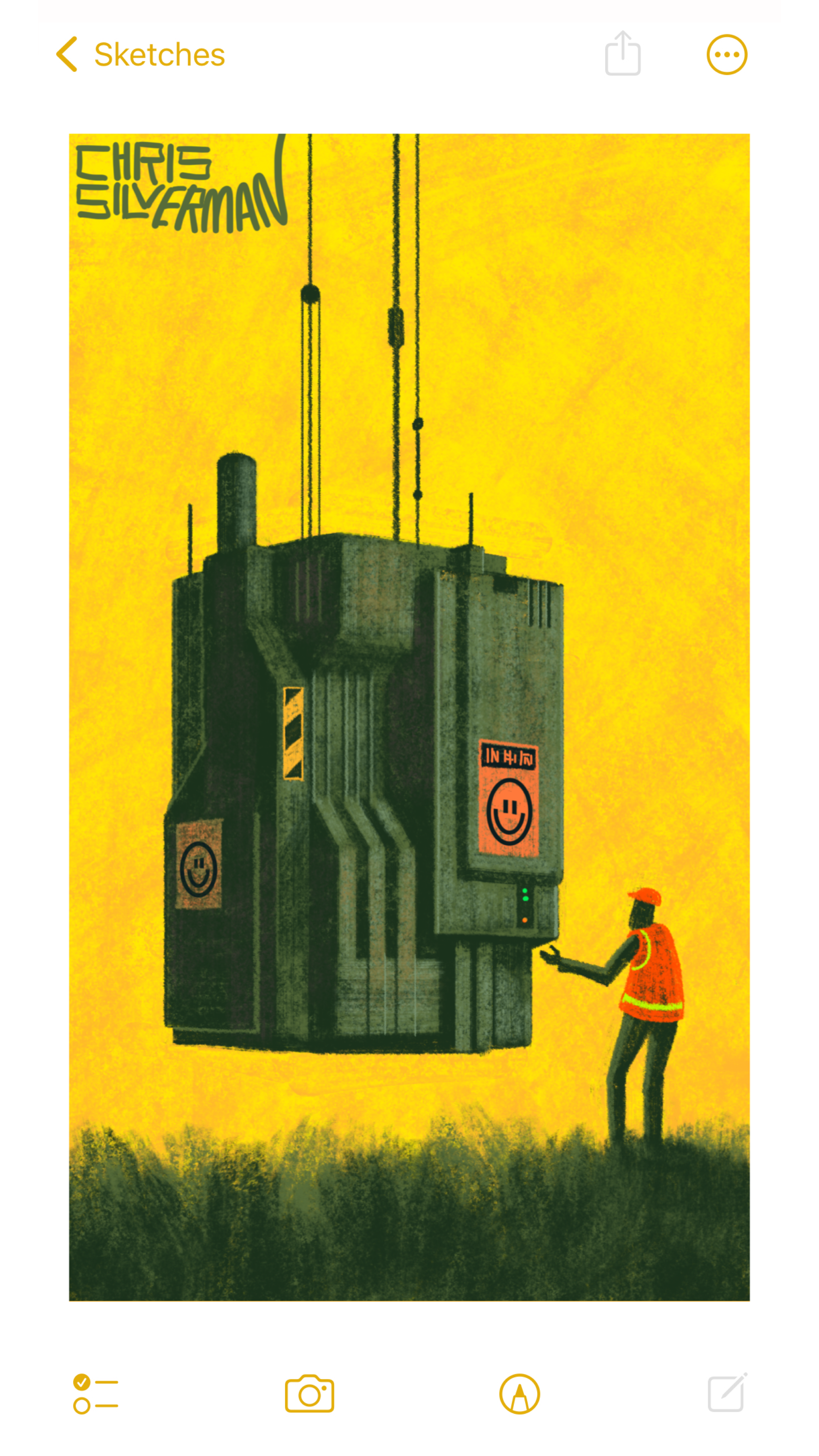 A huge, boxy machine of some sort is lowered from an unseen source up above in the yellow sky. It is the size of a small house and a dull, metallic gray, with various vents and protrusions that make it look sort of like a generator. On top, it has a small chimney and several antennae. On the sides, it has several orange warning decals. The text on these signs isn't visible, but they have a large smiley-face icon. Standing on the ground, directing at interposition, is a figure wearing an orange helmet and an orange and neon green reflective vest. The painting is signed "Chris Silverman".