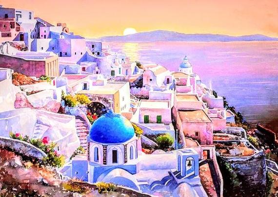A painting of a gorgeous scene of a bright multi colorful Village overlooking the sea