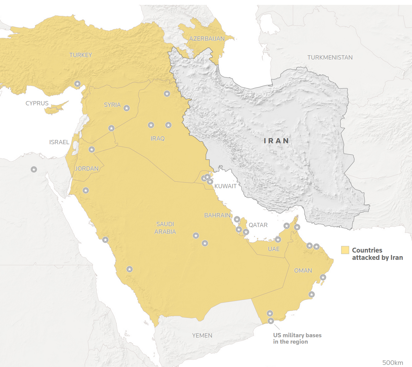 Countries attacked by Iran.