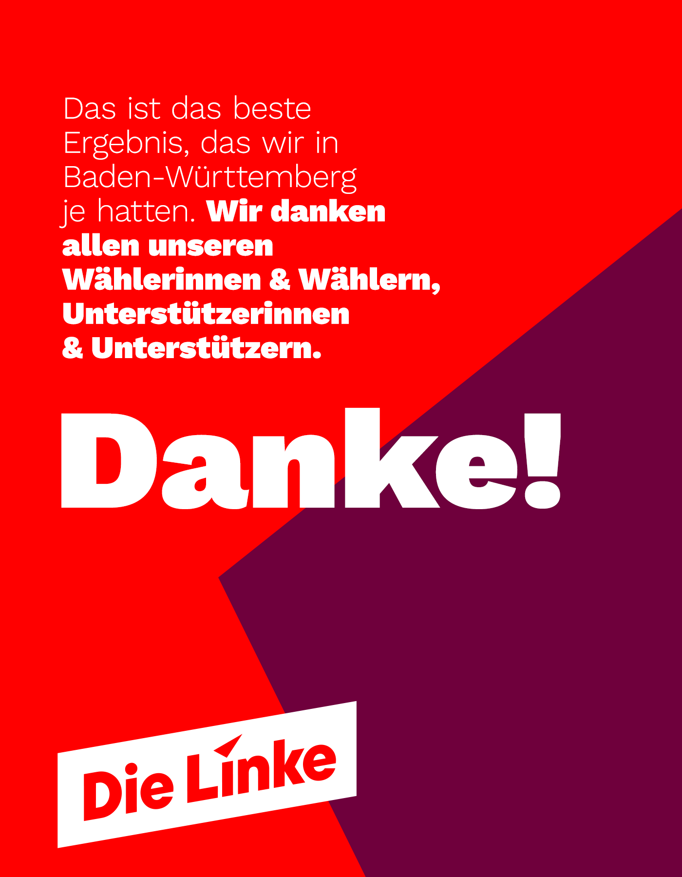 Das Sharepic der Die Linke zeigt einen roten Hintergrund mit einer großen violetten grafischen Fläche. Oben links steht in weißer Schrift der Text: „Das ist das beste Ergebnis, das wir in Baden-Württemberg je hatten. Wir danken allen unseren Wählerinnen & Wählern, Unterstützerinnen & Unterstützern.“ In der Mitte steht groß und fett „Danke!“. Unten links ist das Logo der Partei Die Linke zu sehen.