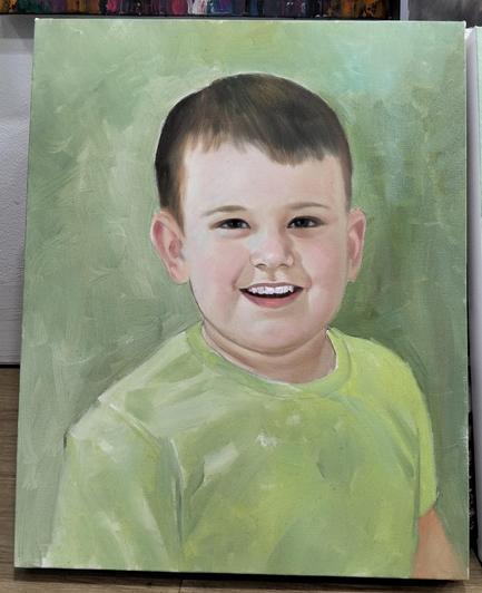 a painting of a boy, seen from his chest up, he is smiling and looking happy, his shirt green, the background green, the painting still looking sketchy, there are undefined and unshaded areas of it