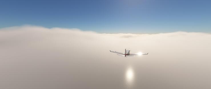 A small single-engine propeller aircraft flies above a thick layer of white clouds. The plane, primarily white with a dark tail section, is centered horizontally. The sun shines directly behind the aircraft’s right wing, producing a bright glare that illuminates the barely visible water layer below and casts a distinct shimmering reflection on the surface. Above the cloud deck, the sky is a clear, deep blue with no visible haze. The aircraft is in steady flight, its propeller motion implied but not visible. The cloud layer spans the entire scene horizontally, with no other objects, highlighting the plane’s solitary position against the open sky. The overall scene conveys a serene flight above a vast cloud sea under a clear sky.