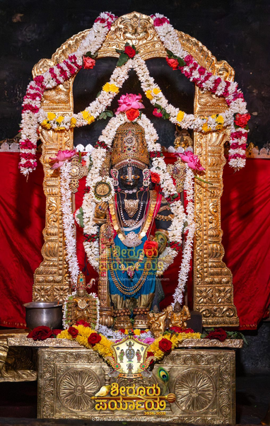 Idol of Hindu deity Krishna standing on gold -covered pedestal, black top and blue bottoms, right hand holding gold-covered ruby studded staff, left hand on front left waist; wearing gold shoes, gold palm coverings, a stone-studded crown, and lots of gold ornaments. A string of white flowers around Krishna. An icon of "chakra" (a disc) behind Krishna's right shoulder; an icon of "shankha" (a crown conch) behind left shoulder. An ornate gold arch behind Krishna. A string of red and white flowers along the top of the arch. A string of white flowers (some yellow flowers) hooks from the left side of the arch to the middle-top and from there to the right side. Some smaller idols on the pedestal. A silver pot on the right edge of the pedestal. A string of yellow and red flowers along the pedestal. Red cloth background.