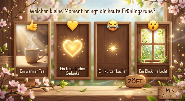 In einer Zeit, die oft von Hektik und digitalem Rauschen geprägt ist, sind es die kleinen, analogen Momente, die uns wirklich erden. Diese Illustration im ZÖFT-Stil ist eine Hommage an das Miteinander und die Selbstfürsorge. Die vier hölzernen Rahmen symbolisieren verschiedene Facetten der Achtsamkeit: Die Wärme einer Tasse Tee (Genuss), die Kraft eines freundlichen Gedankens (Empathie), die befreiende Energie eines Lachers (Leichtigkeit) und der bewusste Blick in die Natur (Präsenz).
Wir laden die Community ein, heute besonders achtsam mit sich und anderen umzugehen. Oft reicht ein kleiner Lichtfunke, um den Tag eines Mitmenschen zu verschönern. Lassen wir uns von der Ruhe des Frühlings inspirieren und pflegen wir das wertvolle Gut der inneren Ausgeglichenheit. Gemeinsam schaffen wir einen Raum für Wärme und Respekt.