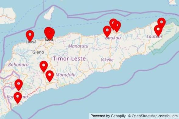 A map showing every place of worship we have visited so far in Timor-Leste including:
Igreja protestante in Lospalos
Igreza Catedral da Imaculada Conceição (Díli) in Dili
Igreja de Santo António de Motael in Dili
Gereja Katolik St Antonio Maria Claret Salele in Kuitaok
igreza ostico in Lequliwatu
Igreza Ainaro in Ainaro
Kapela Fatuloro in Halimutin
Igreja Hato-Udo KTM in Groto
Igreja Evangelita, Visao Crista de Timor Leste in Baucau
Masjid Muslim Liquica in Dato
Igreza Catedral da Imaculada Conceição (Díli) in Dili
Pura Girinatha in Nain Feto
Capeala Haurobu in Baucau
Igreja Iralafai in Bauro
Pura Girinatha in Nain Feto