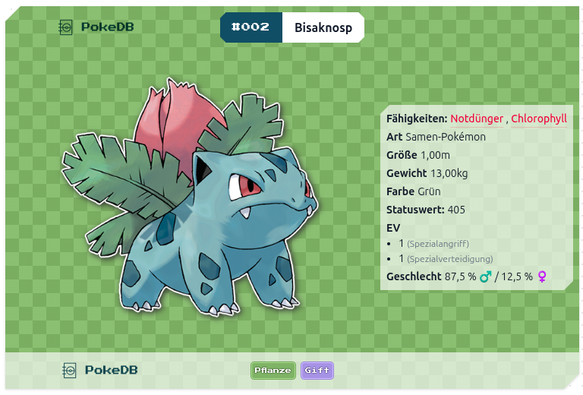 PokéDB Bisaknosp #002: Samen-Pokémon, Pflanze/Gift-Typ, blau mit pinker Blütenknospe