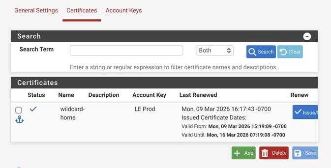 A screenshot of a certificate management interface showing one active certificate named "wildcard-home" with details and options to add, delete, or save.