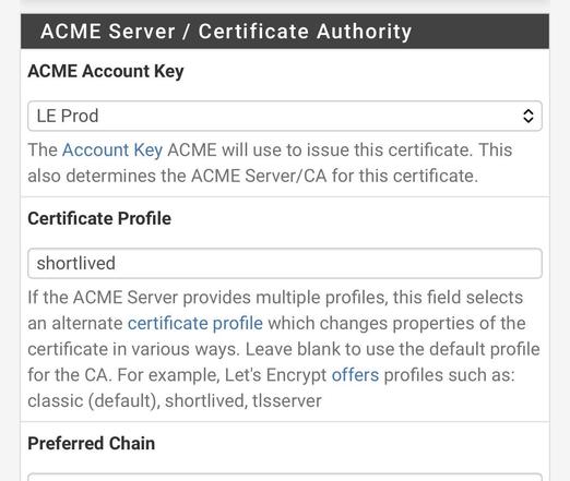Screenshot of ACME server certificate settings, including account key, profile, and options for certificate profile and chain.