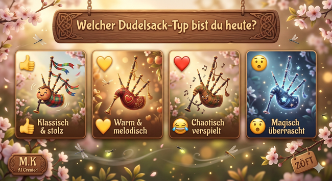 Heute widmen wir uns einem besonderen Anlass: Dem Internationalen Dudelsack-Tag. 🎶 In der Gemeinschaft der ZÖFT-Welt legen wir Wert auf die Wertschätzung kleiner, oft skurriler Dinge, die uns zum Lächeln bringen. Diese Illustration zeigt vier verschiedene Persönlichkeiten, die uns daran erinnern, dass jeder von uns seinen eigenen Rhythmus und seine eigene Melodie hat.
Achtsamkeit bedeutet auch, den Humor in den kleinen Dingen zu finden – wie in diesen animierten Instrumenten, die stolz, herzlich, verspielt oder staunend ihren Platz im Frühlingsgarten finden. Zwischen blühenden Zweigen und im sanften Licht der Märzsonne wird deutlich: Es ist die Vielfalt, die unser Miteinander so wertvoll macht.
Egal, ob du heute den klassischen Weg gehst oder dich von einer magischen Überraschung leiten lässt – wichtig ist das Gefühl von Harmonie und der Respekt vor der Individualität des anderen. Lasst uns diesen Tag nutzen, um gemeinsam zu lachen und die Kreativität zu feiern, die uns verbindet. In einer Welt voller Lärm schenken uns diese kleinen Charaktere einen Moment der Ruhe und der Heiterkeit. 🌸🪵✨ #Dudelsack #Miteinander #Achtsamkeit #ZÖFT #Frühling #KIKunst #Gemeinschaft #Humor #Illustration