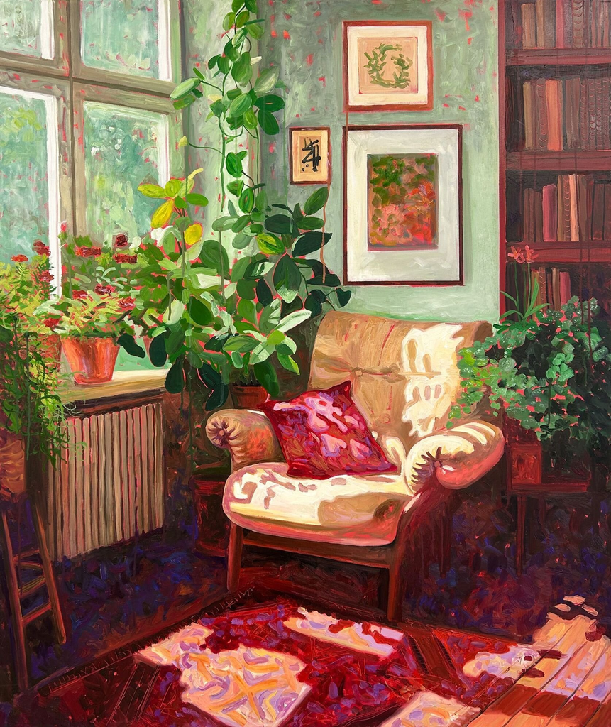 A vibrant painting of an interior room. It features a leather armchair with a red patterned pillow, several lush green plants by a large window, a red and pink patterned rug, and a filled bookshelf on the right.