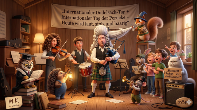 Willkommen zur wohl klangvollsten und haarigsten Probe des Jahres! 🎶✨🌲 In der ZÖFT-Welt widmen wir uns heute der Kunst, Tradition und Absurdität in Einklang zu bringen. Die Kombination aus Internationalem Dudelsack-Tag und dem Tag der Perücke zeigt uns, dass man für die Kunst auch mal eine schwere Last (auf dem Kopf) tragen muss. 🎨🌟
Im Zentrum steht das gemeinsame Erleben. Während die Kinder über die wackelnden Perücken lachen, erinnert uns die Katze mit ihrem Schild daran, dass hinter jedem Spaß auch echte Leidenschaft steckt. Miteinander bedeutet hier, den anderen auch in seiner skurrilsten Form zu akzeptieren und zu unterstützen – sei es durch das Reichen von Haarnadeln oder das geduldige Zuhören 🐿️🪄 Die Szene im holzgetäfelten Raum vermittelt trotz des Trubels eine tiefe Geborgenheit.
Es geht um das Bewusstsein, dass Kreativität oft dort entsteht, wo wir die Grenzen des Gewöhnlichen verlassen. Die warme Beleuchtung und die vielen kleinen Details der Instrumente laden dazu ein, in diese magische Welt einzutauchen. Wir schätzen den Wert des Lachens und die Kraft der Gemeinschaft, die selbst schottische Klänge unter barocken Locken harmonisch wirken lässt. Wie bringt ihr heute ein wenig Rhythmus und Stolz in eure Gemeinschaft? ❤️🌟 #ZÖFT #Community #Humor #DudelsackTag #Achtsamkeit #Miteinander #Kreativität #Lebensfreude #KIKunst