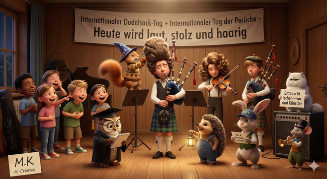 Willkommen zur wohl klangvollsten und haarigsten Probe des Jahres! 🎶✨🌲 In der ZÖFT-Welt widmen wir uns heute der Kunst, Tradition und Absurdität in Einklang zu bringen. Die Kombination aus Internationalem Dudelsack-Tag und dem Tag der Perücke zeigt uns, dass man für die Kunst auch mal eine schwere Last auf dem Kopf tragen muss. 🎨🌟
Im Zentrum steht das gemeinsame Erleben. Während die Kinder über die wackelnden Perücken lachen, erinnert uns die Katze mit ihrem Schild daran, dass hinter jedem Spaß auch echte Leidenschaft steckt. Miteinander bedeutet hier, den anderen auch in seiner skurrilsten Form zu akzeptieren und zu unterstützen – sei es durch das Fixieren von Haarteilen oder das geduldige Zuhören 🐿️🪄 Die Szene im holzgetäfelten Raum vermittelt trotz des Trubels eine tiefe Geborgenheit.
Es geht um das Bewusstsein, dass Kreativität oft dort entsteht, wo wir die Grenzen des Gewöhnlichen verlassen. Die warme Beleuchtung und die vielen kleinen Details der Instrumente laden dazu ein, in diese magische Welt einzutauchen. Wir schätzen den Wert des Lachens und die Kraft der Gemeinschaft, die selbst schottische Klänge unter barocken Locken harmonisch wirken lässt. Wie bringt ihr heute ein wenig Rhythmus und Stolz in eure Gemeinschaft? ❤️🌟 #ZÖFT #Community #Humor #DudelsackTag #Achtsamkeit #Miteinander #Kreativität #Lebensfreude #KIKunst