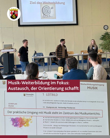 Foto Veranstaltung mit drei Personen, die zum Plenum sprechen, darunter eine Präsentationsfolie mit den Worten "Der praktische Umgang mit Musik steht im Zentrum des Musikunterrichts"