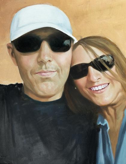 a painting, it is of a man in sunglassees and a white hat and black t-shirt , a woman in sunglasses leaning her ear against his chest, she is smiling, he has a small smirk on his face, the background light tan colored