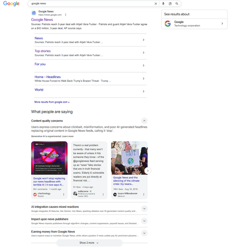 Screenshot of search results for "Google News" where "What people are saying" is "Content quality concerns" including "Users express concern about clickbait, misinformation and poor AI-generated headlines replacing original content in Google News feeds, calling it 'slop'" and below that are three vertical search results judging google news harshly and an accordion showing more negative impacts of Google News