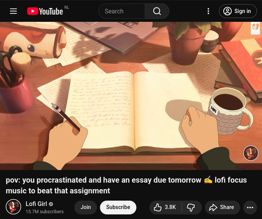 Screenshot of YouTube video page. The video titled: "pov: you procrastinated and have an essay due tomorrow ✍️ lofi focus music to beat that assignment" shows a 1st person view of a desk with a book, coffee and various accessories and shows two hands with the left one holding a pen.