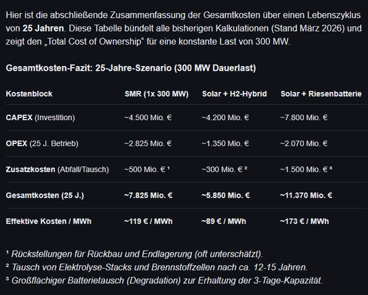 Gesamtkosten-Fazit: 25-Jahre-Szenario (300 MW Dauerlast)