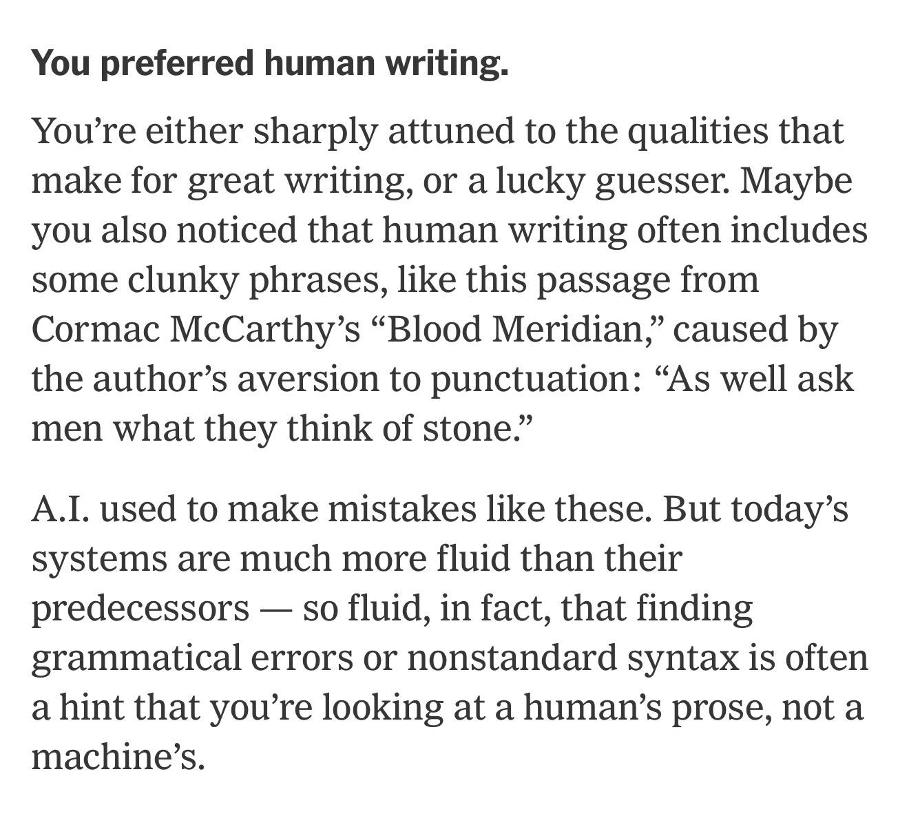 A screenshot of my results from the New York Times’ do you like human writing or AI writing better quiz