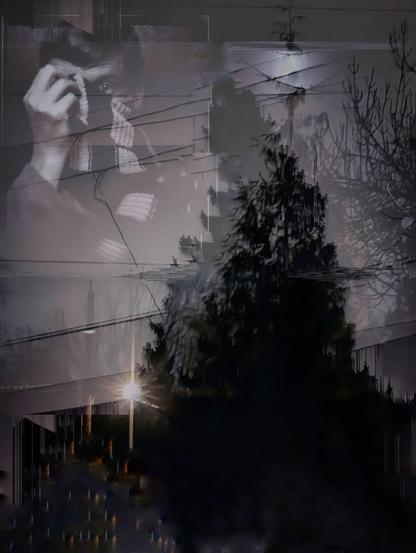DJ Ricardo Wang black and white self portrait hiding behind striped scarf, hovering in sky above telephone wires and shadowy evergreen tree and street lamp creating cubist prism.