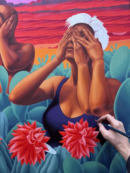 my hand, painting a man & woman with multiple hands covering their faces, amidst a patch of cacti, in front of a sunset sky.