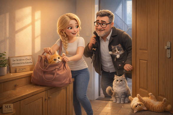 Ein Blick in den Flur von Betty und Micha zeigt, was ein echtes, liebevolles Zuhause ausmacht. Wenn draußen noch die kühle Frühlingsluft wartet, herrscht drinnen bereits herzerwärmender Trubel. Die anstehende Fahrt in die Stadt verzögert sich charmant, denn die vier Katzen haben beschlossen, den „Beifahrer-Check“ höchstpersönlich durchzuführen. 🌿✨
Während eine Katze neugierig aus Michas Jackentasche lugt und eine andere es sich in Bettys Handtasche gemütlich gemacht hat, spiegelt sich in den Gesichtern der beiden Menschen pure Gelassenheit. Es ist diese tiefe Verbundenheit, die den Alltag besonders macht. Auch die Rollenverteilung im Auto spricht Bände über ihr vertrauensvolles Miteinander: Nach seinem Unfall hat Micha das Lenkrad an Betty übergeben. Nun genießt er die Fahrten als aufmerksamer Navigator an ihrer Seite, während sie voller Freude fährt.
Diese kleinen, oft chaotischen Momente an der Haustür sind keine Störung, sondern der wahre Reichtum eines achtsamen Lebens. Wir lernen von unseren Tieren, den Augenblick zu genießen und selbst über kleine Verzögerungen herzlich zu lachen. Ein friedliches, lebendiges Heim, in dem Liebe und Fürsorge den Ton angeben. ☕️🐱🤍
KI‑Illustration im ZÖFT ‑ Stil