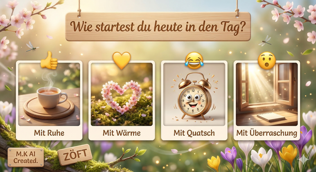Guten Morgen an die Community! Heute möchten wir den Fokus auf den Moment des Erwachens legen. 🌿 In unserer schnelllebigen Welt vergessen wir oft, dass wir jeden Morgen die Wahl haben, mit welcher inneren Einstellung wir den Tag begrüßen. Diese Illustration im ZÖFT-Stil zeigt uns vier Wege: Die Stille einer Tasse Tee, die Herzlichkeit der Natur, den befreienden Humor eines lachenden Weckers und die Offenheit für das Neue beim Blick aus dem Fenster.
Achtsamkeit und Miteinander beginnen bei uns selbst. Wenn wir uns die Zeit nehmen, die ersten Sonnenstrahlen und die Farben der Krokusse bewusst wahrzunehmen, begegnen wir auch unseren Mitmenschen mit mehr Wärme und Geduld. Lasst uns heute besonders auf die kleinen „Lichtmomente“ achten, die uns Kraft schenken.
Welches der vier Symbole spricht dich heute am meisten an? Wir wünschen euch einen friedvollen und inspirierenden Start in diesen Märztag. 🌸🪵✨ #Miteinander #Achtsamkeit #ZÖFT #Frühlingserwachen #KIKunst #Gemeinschaft #Selbstfürsorge #Illustration