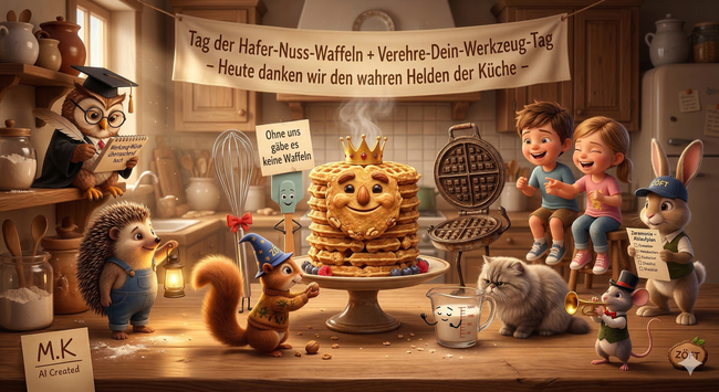 Willkommen zur wohl ehrenvollsten Zusammenkunft in unserer ZÖFT-Küche! 🧇✨🌲 In der ZÖFT-Welt widmen wir uns heute der tiefen Dankbarkeit gegenüber den Dingen, die uns nähren und den Werkzeugen, die dies erst möglich machen. Die feierliche Waffel-Werkzeug-Zeremonie erinnert uns daran, dass kein Ergebnis ohne den richtigen Prozess und das passende Miteinander entsteht. 🎨🌟
Im Zentrum steht die Achtsamkeit. Während die Kinder über das Waffeleisen lachen, das stolz in der Reihe steht, zeigt uns die Szene, dass jedes Teil in der Küche – vom Schneebesen bis zum Eichhörnchen – einen unverzichtbaren Beitrag zum Ganzen leistet. Zusammenhalt bedeutet hier, auch die kleinen Helfer sichtbar zu machen und ihnen mit einem Augenzwinkern Danke zu sagen 🐿️🪄 Die warme Atmosphäre vermittelt ein Gefühl von tiefer Geborgenheit und häuslichem Frieden.
Es geht um das Bewusstsein, dass wir in einer Welt leben, in der alles miteinander verbunden ist. Wir schätzen den Wert dieser kleinen, rituellen Momente, die den Alltag in ein magisches Licht rücken. Wie pflegt ihr heute das Bewusstsein für die kleinen Helfer in eurer Gemeinschaft? ❤️🌟 #ZÖFT #Community #Humor #Achtsamkeit #Miteinander #Wertschätzung #Lebensfreude #KIKunst