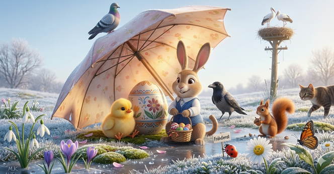 Der Frühdienst beginnt oft in der Stille, noch bevor die Welt richtig erwacht ist. Auf dieser frostigen Wiese zeigt sich die Schönheit des Miteinanders in der ZÖFT-Welt. Während der Hase behutsam seine Aufgaben angeht, sind er und das kleine Küken nicht allein. Es ist ein friedliches Zusammenspiel der Arten: Die Störche kehren heim, das Eichhörnchen sammelt seine Vorräte und selbst die Katze wird Teil dieses morgendlichen Rituals. Diese Szene erinnert uns an den Wert der Achtsamkeit – den Moment wahrzunehmen, in dem der Winter dem Frühling weicht. Es geht nicht nur um das Erledigen von Pflichten, sondern um das bewusste Gestalten unserer Umgebung mit Wärme und Fürsorge. Wenn wir einander unterstützen, wie der Marienkäfer mit seinem kleinen Schild, wird auch der kälteste Morgen zu einem Ort der Geborgenheit. Ein Moment der Zusammengehörigkeit, der zeigt, dass wir alle Teil eines größeren Ganzen sind. Möge dieser Anblick uns daran erinnern, mit Geduld und Liebe in den Tag zu starten und die kleinen Wunder am Wegesrand – die erste Blüte, den glitzernden Reif – wertzuschätzen. #Miteinander #Achtsamkeit #ZÖFT #Frühling #Ostern #Gemeinschaft #Natur #KIKunst #künstlicheintelligenz