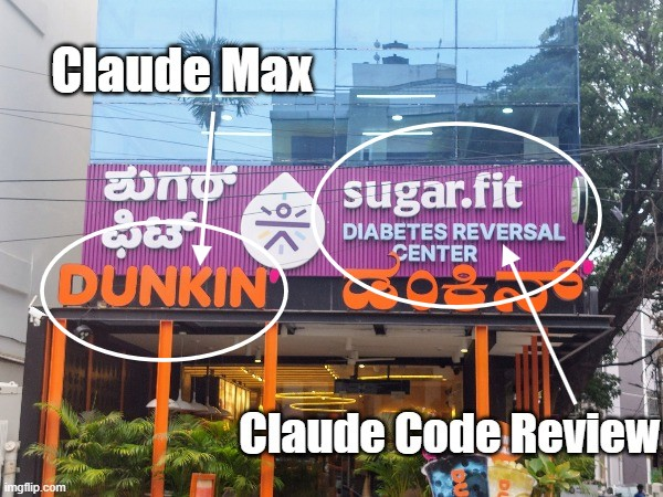 This image meme shows the ironic stuff of two businesses sharing the same building while offering Geni AI service biz model. The same building has two business:
01. a Dunkin storefront at ground floor, selling h high sugar donuts and sweetened coffee/tea etc which is labelled with the text "Claude Max".
02. a sugar.fit Diabetes Reversal Center, a medical unit dedicated to managing or reversing the very condition often linked to high-sugar diets caused by eating donuts and bad food which is labelled with the text "Claude Code Review".
the meme suggest how they broke original software dev model where Claude Max lead to "sugary" or messy code results at cheaper rates by firing devs and the other is Claude Code Review service from same company charging 10/15x to clean up the mess made by AI and restore health to the codebase.
credit https://xcancel.com/jsensarma/status/2031270488400605299