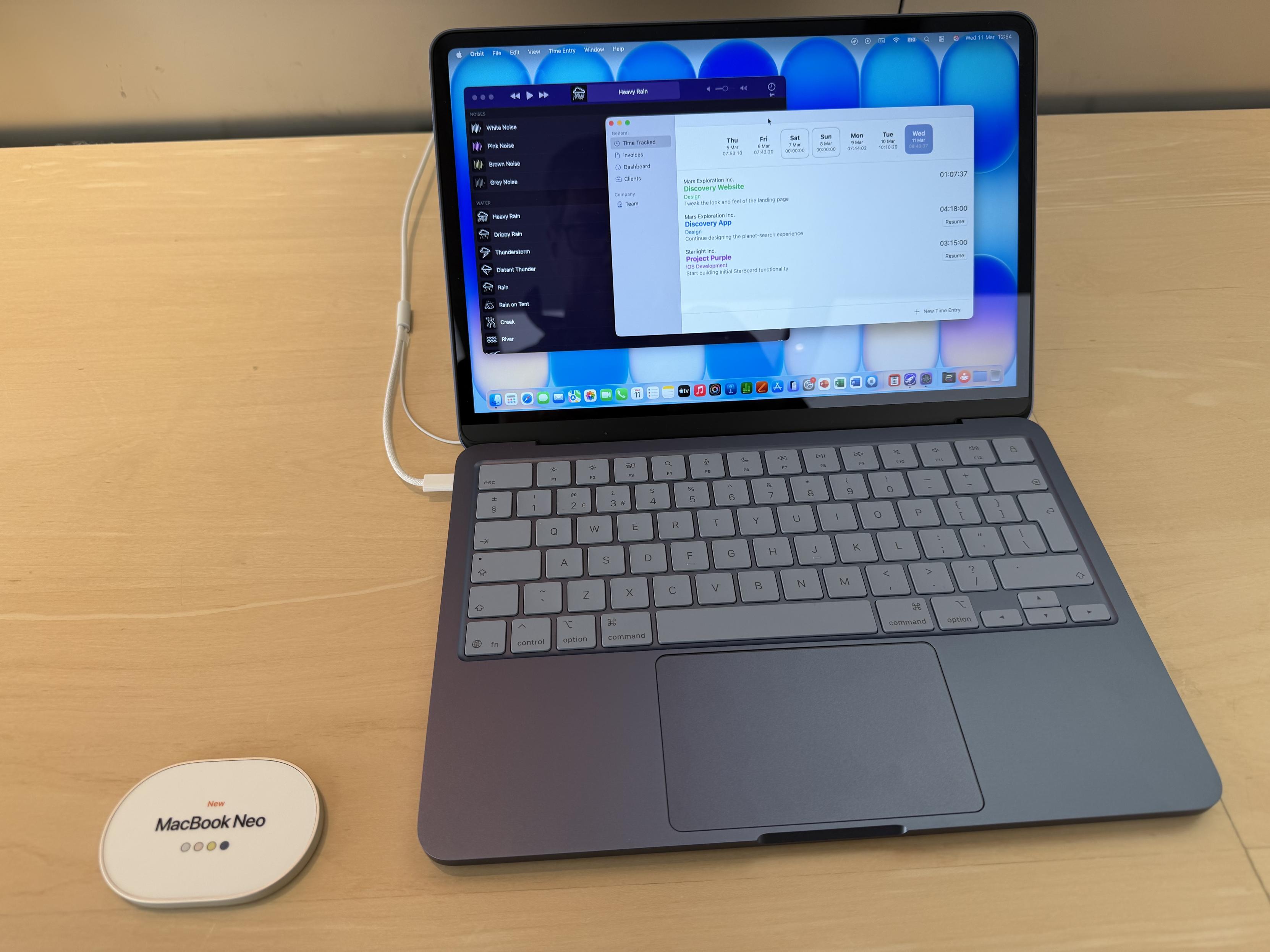 MacBook Neo showing Dark Noise and Orbit.