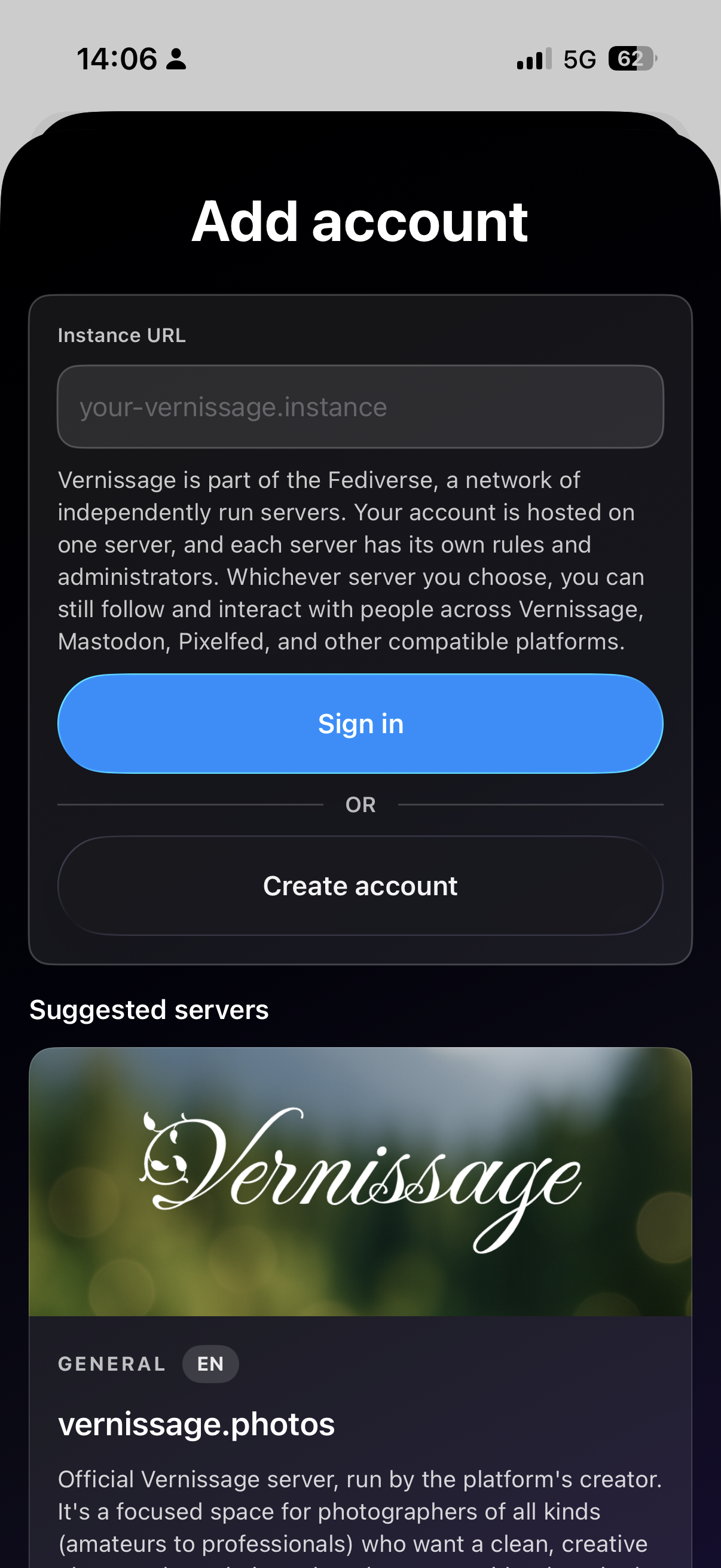 Screenshot of the Vernissage iOS application, showing the instance URL textbox at the top and a list of servers at the bottom.