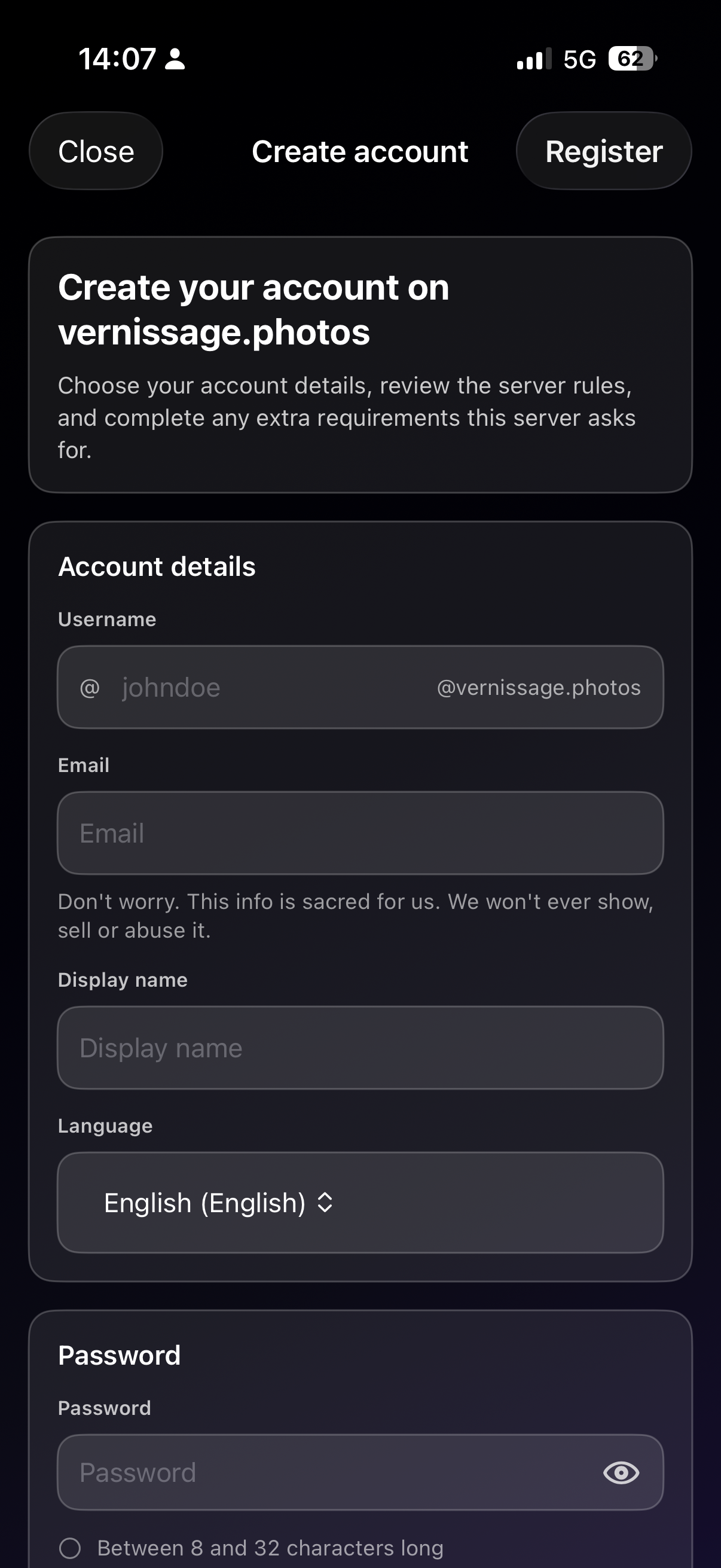 A screenshot from the Vernissage app showing the registration form for a new user.