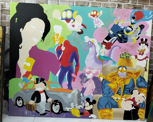a painting, it is of cartoon characters and figures of all different sizes arranged together into a colorful wacky landscape, it is lacking detail, just the general colors added with only some shading in some parts