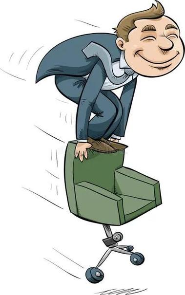 An illustrated stock photo of a male-presenting figure riding on the back of a green office chair, in an unsafe manner.