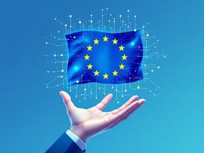 Een open hand laat een Europese vlag los, omringt door connecties en datapunten