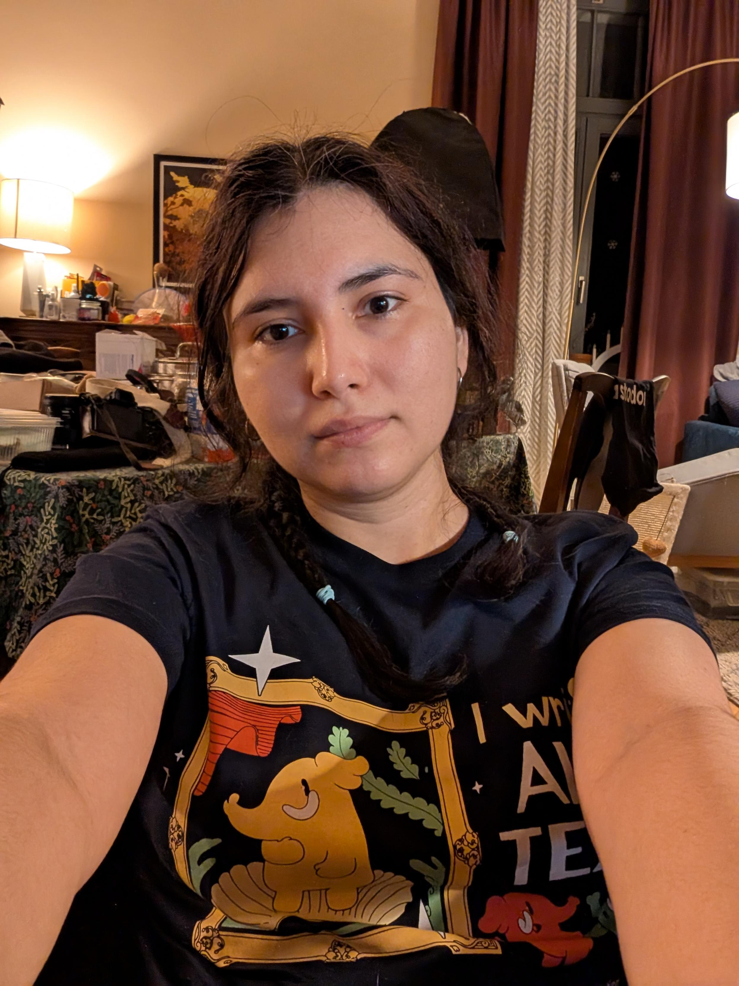 A woman with her arms extended towards the camera, wearing the "I write alt text" t-shirt that features a red mastodon excitedly describing the birth of Venus painting (in elephant form) to a green mastodon carrying a cane and wearing dark glasses, with a description underneath.
