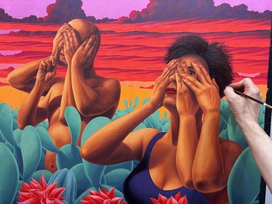 my hand, painting a man & woman with multiple hands covering their faces, amidst a patch of cacti, in front of a sunset sky.