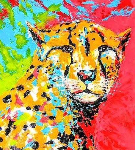 A bright colorful painting of a leopard