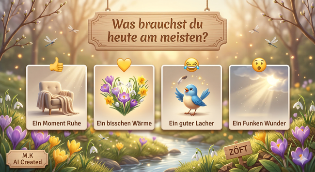 Guten Morgen in die Runde! In unserer Gemeinschaft legen wir oft den Fokus auf das Tun, doch heute möchten wir den Fokus ganz bewusst auf das Sein richten. 🌿 Diese Illustration im ZÖFT-Stil lädt uns ein, an den Rand eines Frühlingsbachs zu treten und in uns hineinzuhören: „Was brauchst du heute am meisten?“
Achtsamkeit bedeutet, die eigenen Bedürfnisse ernst zu nehmen – sei es die Stille (Ruhe), die Zuneigung (Wärme), die Leichtigkeit (Lachen) oder die Inspiration (Wunder). Wenn wir gut für uns selbst sorgen, haben wir auch wieder die Kraft, füreinander da zu sein und einander mit Offenheit zu begegnen. Lasst uns heute gemeinsam die kleinen Wunder der Natur, wie die ersten Schneeglöckchen und Krokusse am Ufer, wertschätzen und uns gegenseitig unterstützen.
Welcher Impuls spricht dich in diesem Moment am stärksten an? Wir wünschen euch einen entschleunigten Tag voller kleiner Lichtblicke und echter Herzenswärme. 🌸🪵✨
#Miteinander #Achtsamkeit #ZÖFT #Frühling #KIKunst #Selbstfürsorge #Gemeinschaft #Inspiration