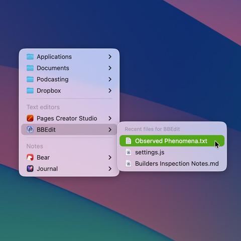 The Foldigger menu featuring 1.4 improvements, with a BBEdit app icon showing a list files