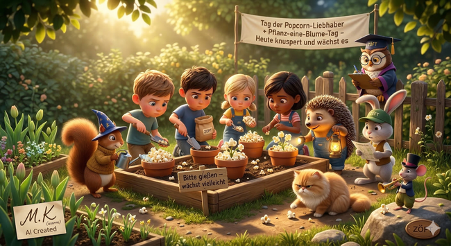 Willkommen zu unserem wohl optimistischsten Experiment im Zauberwald! 🍿✨🌲 In der ZÖFT-Welt feiern wir heute die Verbindung aus Naturpflege und knuspriger Leidenschaft. Das Popcorn-Blumen-Experiment erinnert uns daran, dass es sich lohnt, auch das Unmögliche mit einem Lächeln zu versuchen. 🎨🌟
Im Zentrum steht das gemeinsame Erleben im sonnigen Garten. Die Kinder lernen, dass Geduld und Hoffnung – symbolisiert durch das Schild „Wächst vielleicht“ – die schönsten Blüten treiben. Das Miteinander von Mensch und Tier, vom gießenden Eichhörnchen bis zur prüfenden Katze, zeigt die tiefe Verbundenheit in unserer Welt 🐿️🪄 Wir schätzen den Wert der kleinen, absurden Momente, die den Alltag verzaubern und uns lehren, die Wunder der Natur (und des Kinosnacks) mit Staunen zu betrachten. In einer Zeit des Wandels ist dieses Experiment ein Versprechen: Wir bewahren uns die Neugier und den Humor. Wie pflegt ihr heute eure Träume in der Gemeinschaft? ❤️🌟 #ZÖFT #Community #Humor #Achtsamkeit #Miteinander #Gartenglück #Lebensfreude #PopcornLover #KIKunst
