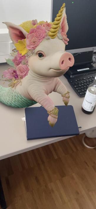 Man sieht ein Meerjungfreueneinhornschweinchen, das über Augmented Reality erzeugt wurde und auf einem Tisch sitzt. Das Wesen ist zusammengesetzt aus einer Meerjungfrau, einem Einhorn und einem Schwein.