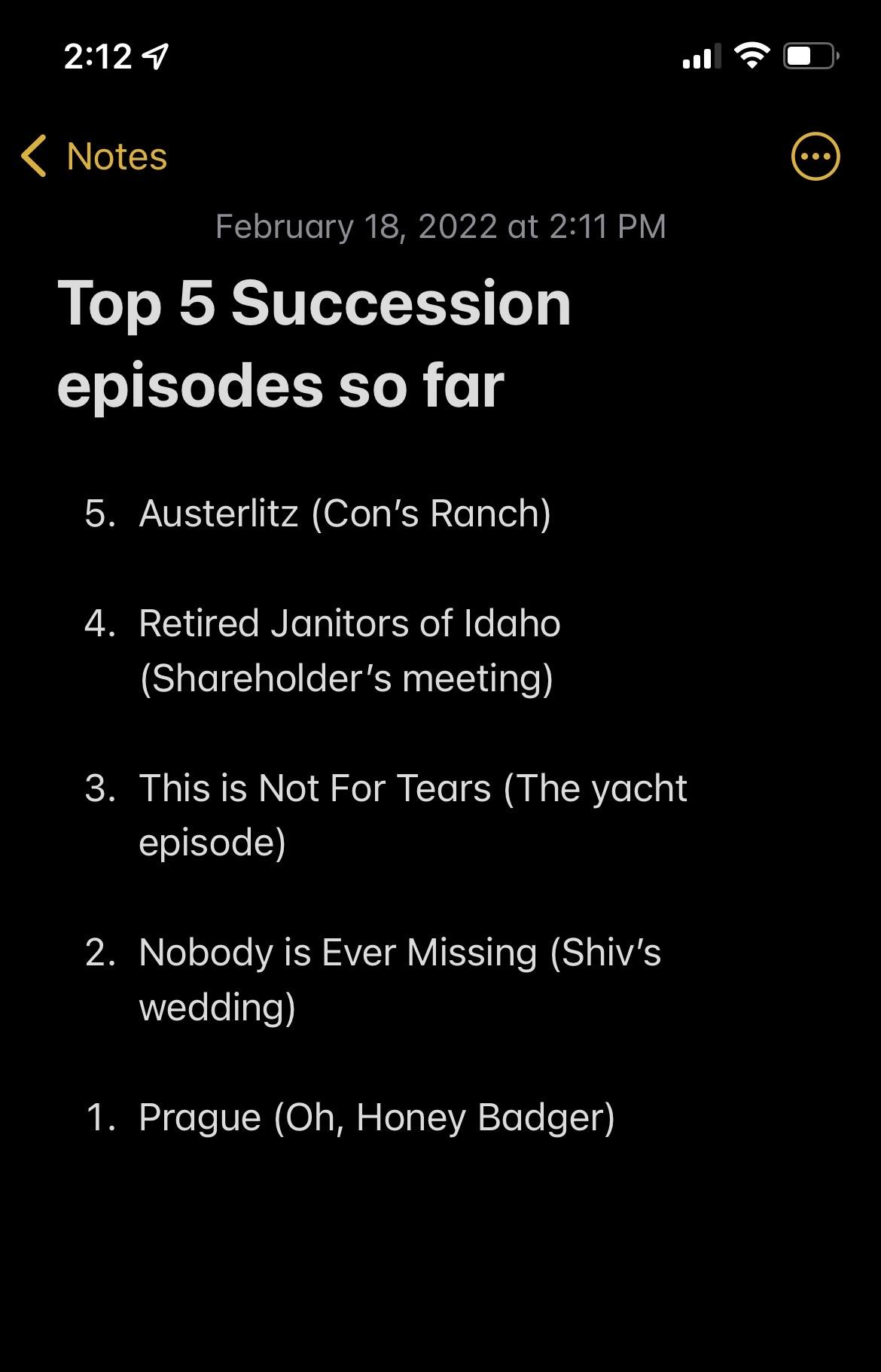 Top 5 Succession episodes so far 5. Austerlitz (Con's Ranch) 4. Retired Janitors of Idaho (Shareholder's meeting) 3. This is Not For Tears (The yacht episode) 2. Nobody is Ever Missing (Shiv's wedding) 1. Prague (Oh, Honey Badger)