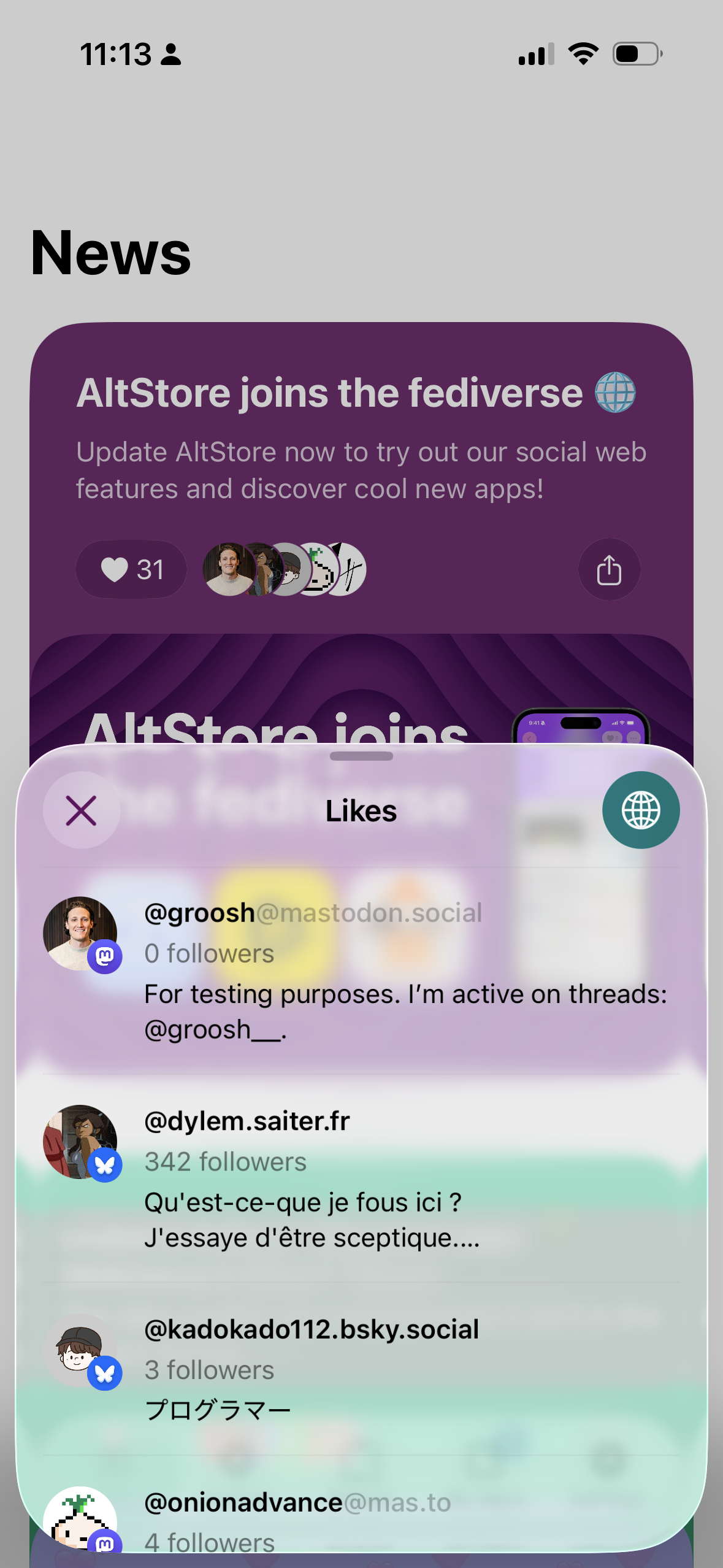 AltStore PAL 2.3 screenshot showing most recent 4 likes from Mastodon and Bluesky on “AltStore joins the Fediverse” news alert, with 31 likes total